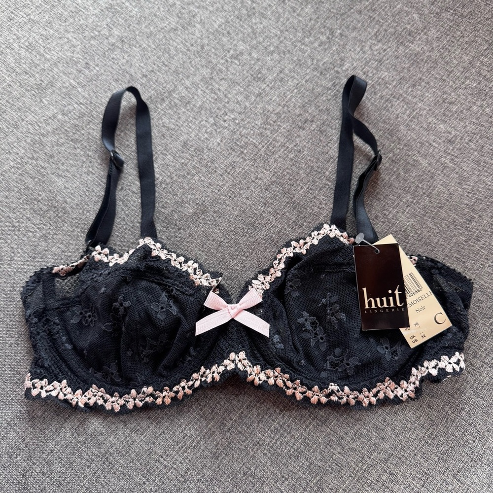 Huit Black Floral Lace Demi Cup Underwire Mademoiselle Bra in 32C